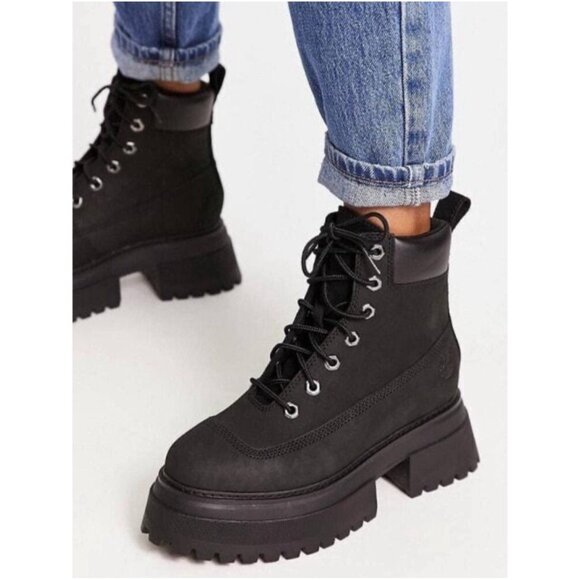 Timberland Sky 6 Inch Platform Lace Up Combat Boots A428J Black Leather US 8.5 - Picture 1 of 14